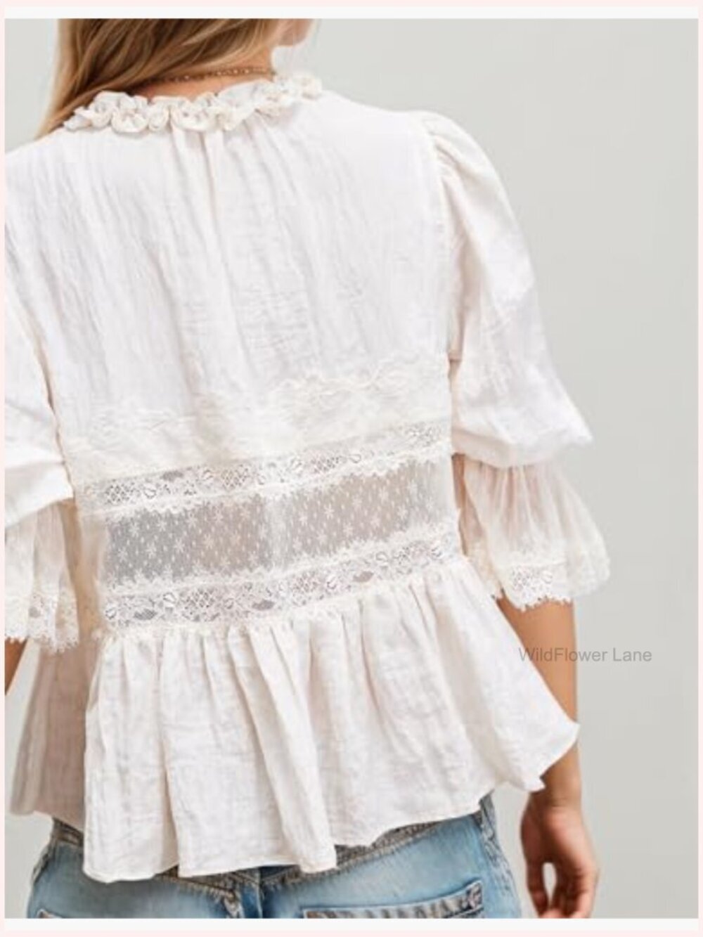 Tie Front Ruffle Boho Lace Crop Top Sheer Y2k Peasant Blouse Cute Going Out - Picture 2 of 5
